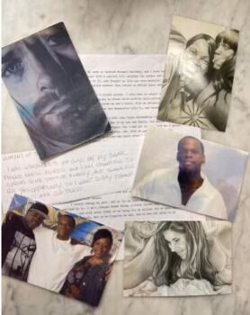 A collection of five images and a handwritten letter on a marble surface, including portraits of Cedrick, a woman, and a couple.