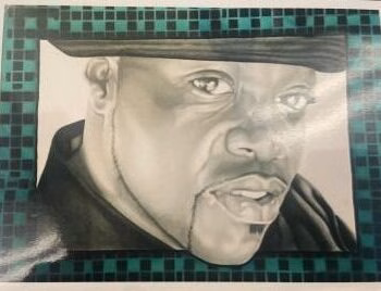 A detailed pencil portrait of Cedrick A2, a man with a goatee and a hat, set against a green and black checkered border.