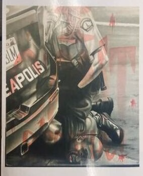A person in a racing suit kneels beside a damaged car with 'APOLIS' on the side, surrounded by red star-shaped marks on a concrete surface.