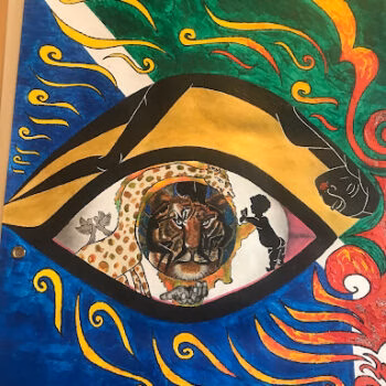A vibrant artwork featuring a large, stylized eye with a complex, circular scene inside, surrounded by swirling green, yellow, and blue patterns.