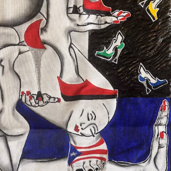 A surrealist painting by Ivie Art 11 featuring a stylized female figure with red-painted toenails, a red and white headband, and a foot decorated with a US flag. She is surrounded by various high-heeled shoes against a dark, textured background.