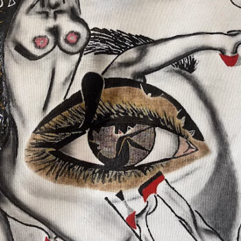 A surreal artwork by Ivie Art 12 featuring a large eye with a tongue, surrounded by distorted human figures and red accents.