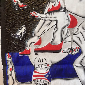 A surreal artwork by Ivie Art 13 featuring a reclining figure with red high-heeled shoes, a patriotic head, and a dark textured background.