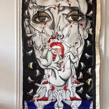 A surreal artwork titled 'Ivie Art 14' featuring a large, distorted face with exposed internal organs, surrounded by numerous high-heeled shoes and two figures at the bottom.