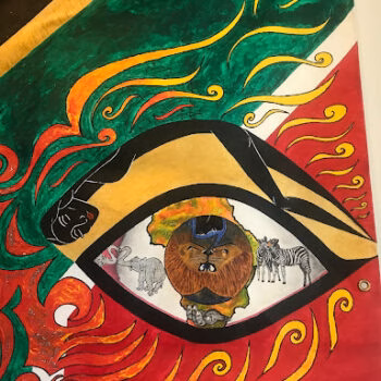 A vibrant artwork featuring a large stylized eye as its central motif. The eye's iris contains a map of Africa with a lion, elephant, and zebra. Swirling green, red, and yellow patterns surround the eye, evoking the colors of the Ethiopian flag.