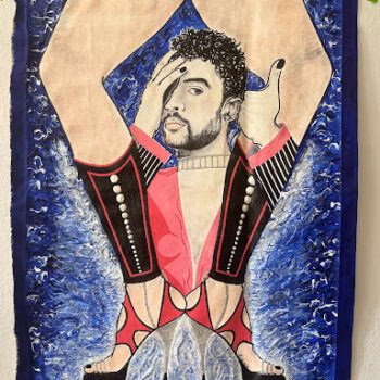 A stylized portrait of a man with dark curly hair and a beard, wearing a red and black costume, framed by blue textured waves.