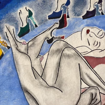 A reclining nude figure in a blue field with several high-heeled shoes floating above, including one with the word 'love' on its heel.
