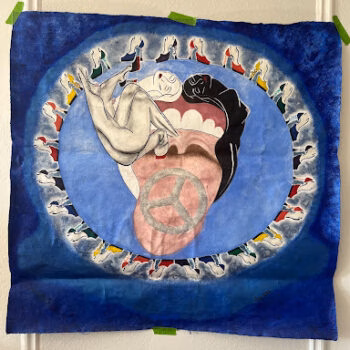 A circular artwork featuring a central figure with a peace sign on its chest, surrounded by a ring of diverse human figures against a blue background.