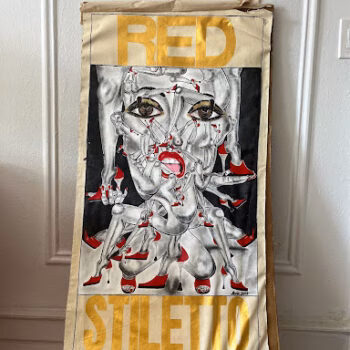 A poster titled 'RED STILETTO' featuring a surreal, multi-limbed female figure with large eyes and red high heels, set against a black background.