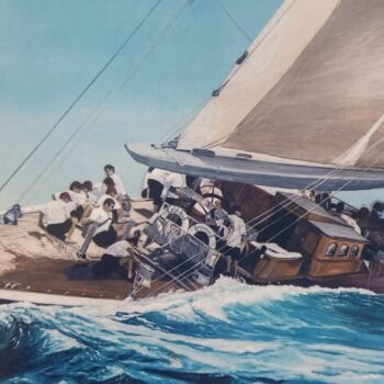 A painting of the Windward Ranger, a large wooden sailing yacht, heeling over in rough blue sea waves with its crew on deck.