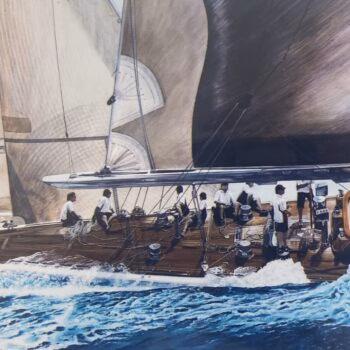 A detailed painting of a large sailing yacht with numerous crew members on deck, navigating through choppy blue waters under large sails.