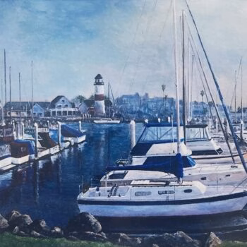An acrylic painting of a marina at Oceanside, featuring numerous sailboats docked in the water with a prominent lighthouse in the background.