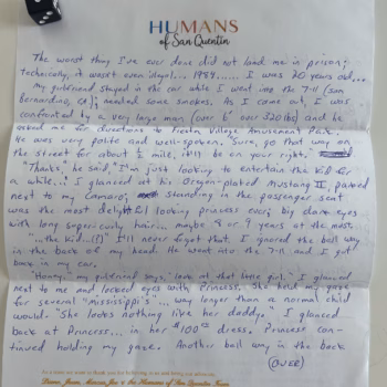 A handwritten letter from Humans of San Quentin, featuring a black die in the top left corner.