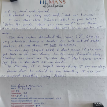 A handwritten letter from Humans of San Quentin to Daniel Newman, detailing a personal encounter with a man described as 'Princess' and ending with a plea for honesty.