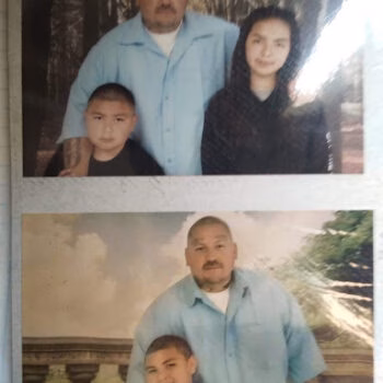 Two vintage-style family portraits of a man, a young boy, and a young woman against different outdoor backdrops.