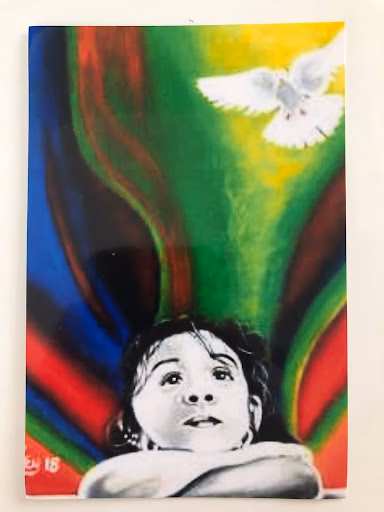 A child's face looking up at a white dove flying through vibrant, swirling green, red, and blue colors.