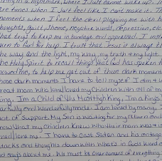 Handwritten journal entry by Jessica, 35, detailing her struggles with depression and her faith in Jesus.