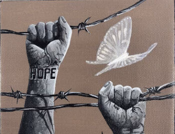 A hand with the word 'HOPE' on its wrist grips barbed wire, while a translucent butterfly flies nearby.