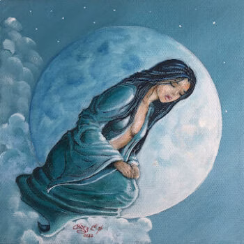 A woman with long dark hair, wearing a teal robe, sits peacefully on a large, textured moon surrounded by clouds and stars.