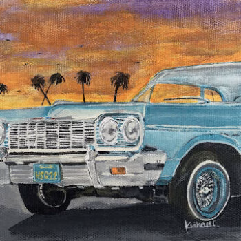A light blue classic car parked in front of a sunset with palm trees, signed by Robert.