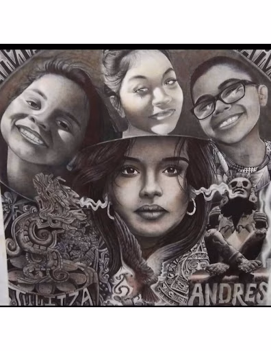 unnamed-10 A detailed black and white portrait of five individuals, with names 'AMITZA' and 'ANDRES' visible on the clothing of the figures at the bottom.