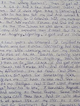 Handwritten notes in blue ink on lined paper detailing a personal story about a man named Robert, mentioning his age, a family trip to Florida, and his passing.
