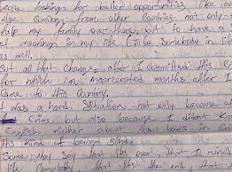 Handwritten text in blue ink on lined paper detailing a personal reflection on change and resilience after a significant event.