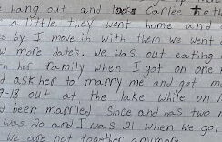 Handwritten journal entry detailing a relationship with a woman named Callie, mentioning their first date, marriage, and current status.