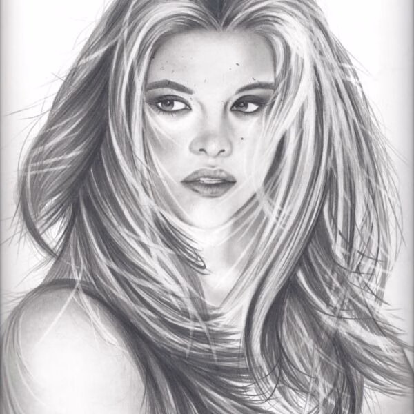 A detailed pencil sketch of a woman with long, flowing hair and a direct gaze.