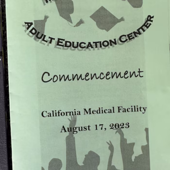 A poster for the Mountain Oaks Adult Education Center Commencement at the California Medical Facility on August 17, 2023, featuring silhouettes of graduates and the slogan 'Rehabilitation Through Education'.