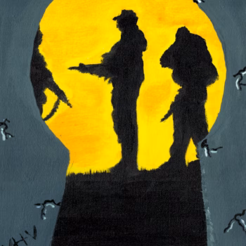 Silhouettes of three figures against a large yellow moon, framed by a keyhole shape with small bird-like figures and the text 'CMF' in the surrounding dark blue space.