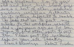 Handwritten note on lined paper from Robert Fisher, a 76-year-old, detailing his treatment for high blood pressure and arthritis.