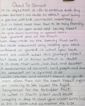 Handwritten poem titled 'Qued To Oneself' on lined paper, discussing embracing positivity, love, and overcoming doubt.