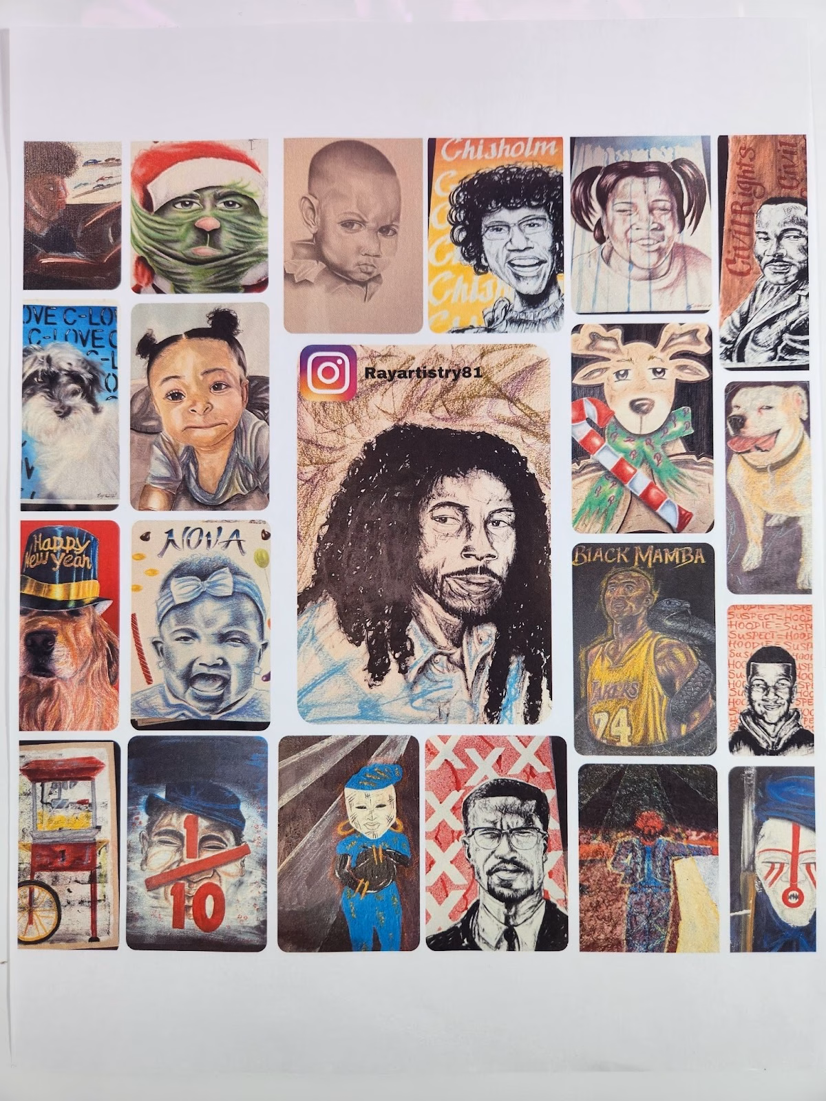 A collage of twenty diverse artistic portraits and illustrations, including figures of celebrities, historical personalities, children, animals, and symbolic representations, rendered in various styles.