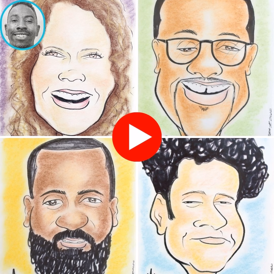 Four caricature portraits of Kareem, including a small circular photo of him in the top left, with a red play button overlay.