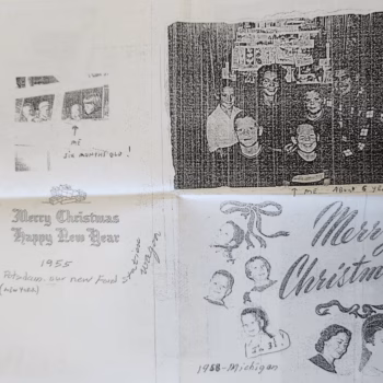 A collection of four vintage Christmas greetings from 1955 and 1958, featuring hand-drawn portraits and festive calligraphy.