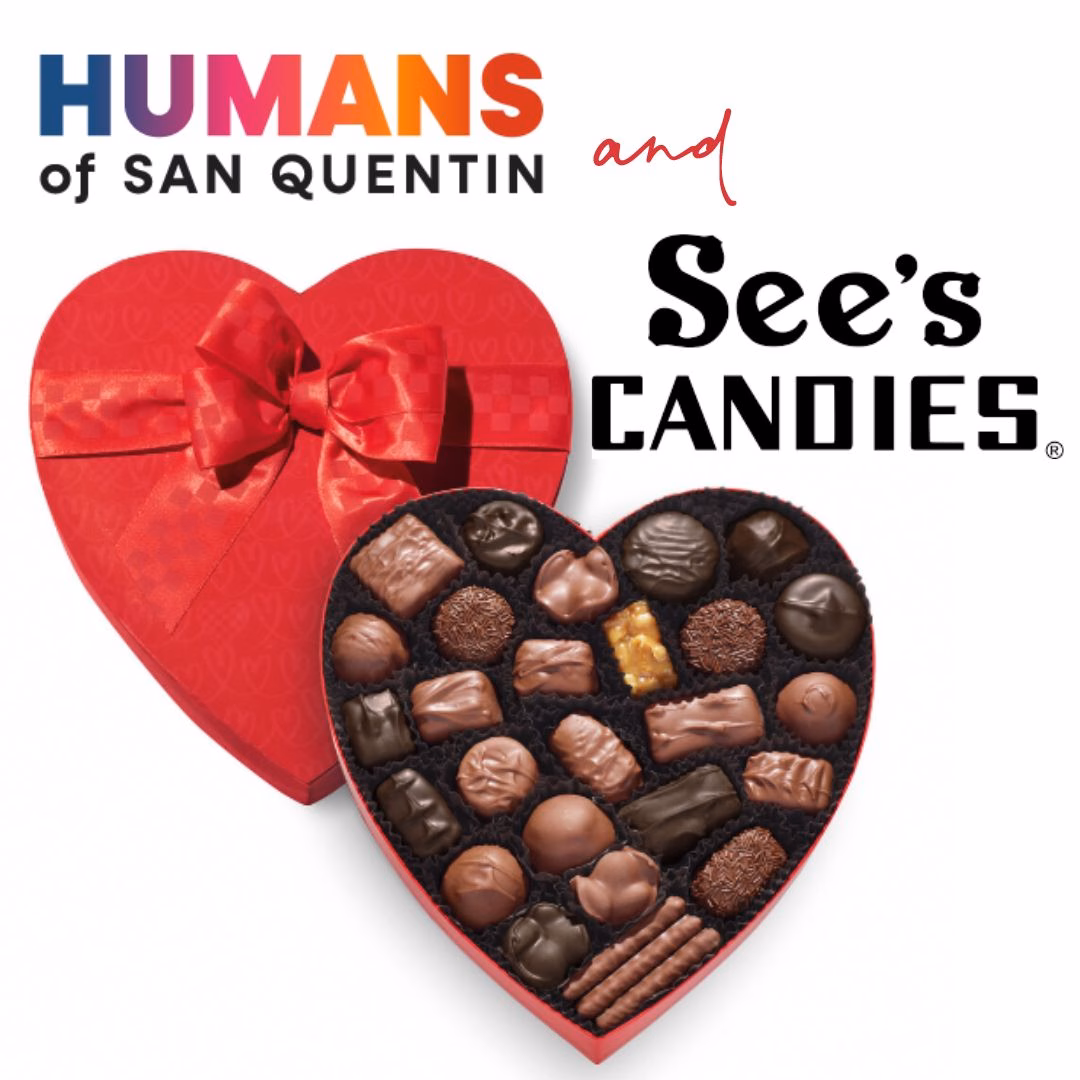 A heart-shaped red box from See's Candies, filled with assorted chocolates, next to the Humans of San Quentin logo.