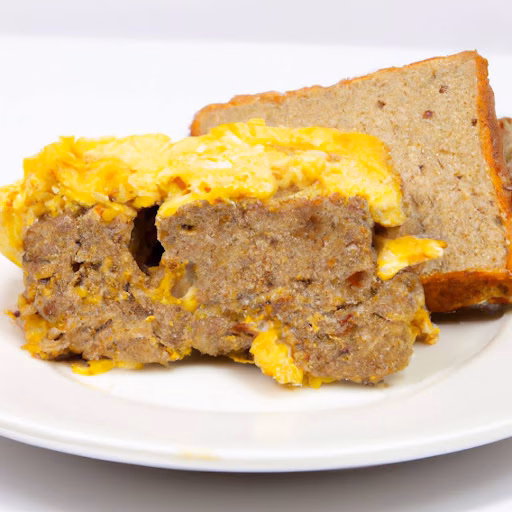 A cross-section of egg meatloaf topped with scrambled eggs, served with a slice of bread on a white plate.