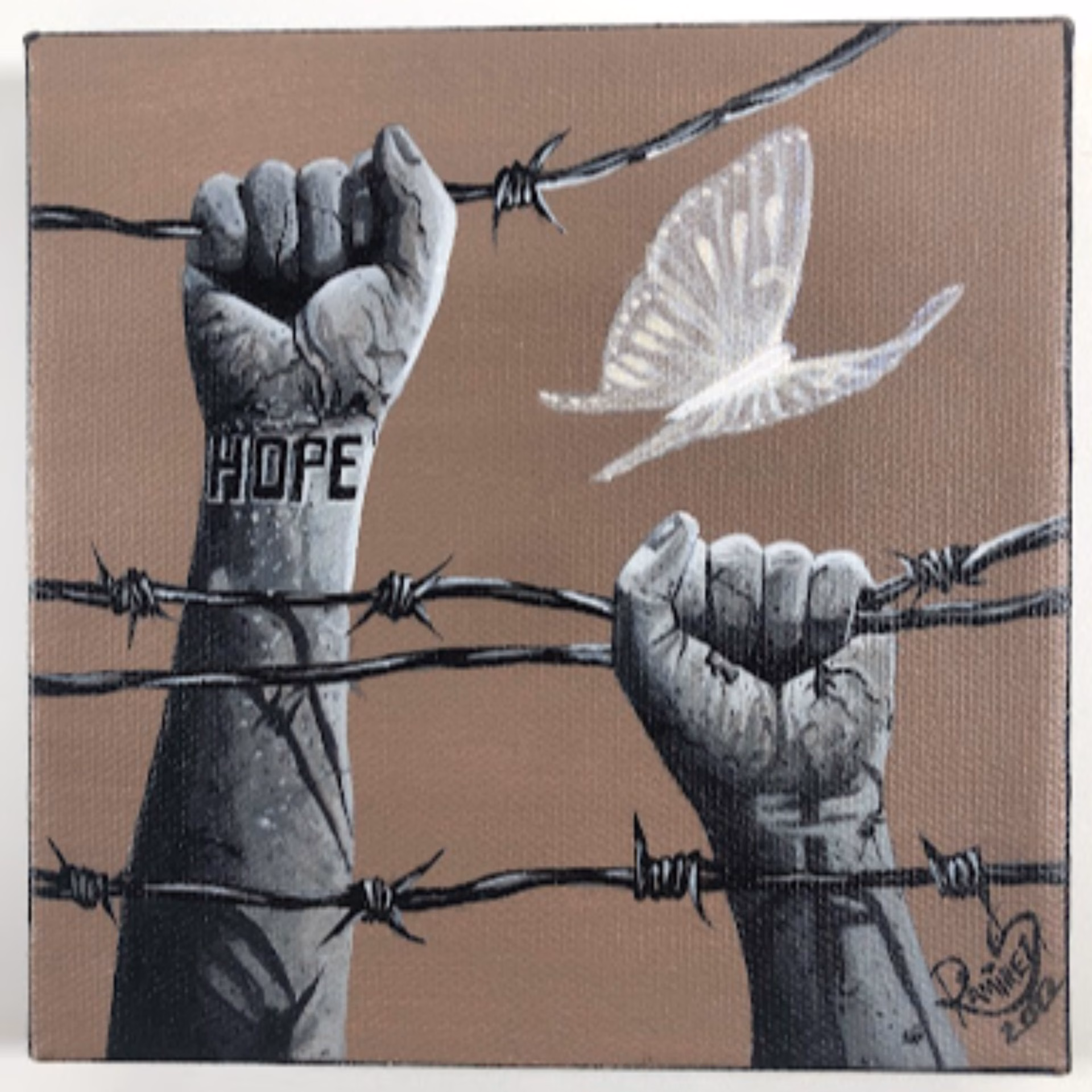 Two fists gripping barbed wire against a brown background, with the word 'HOPE' on one arm and a butterfly flying nearby.
