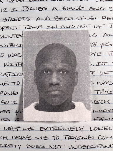 Mugshot of Derrick, a Black man with a shaved head and a white t-shirt, centered on a background of handwritten text.