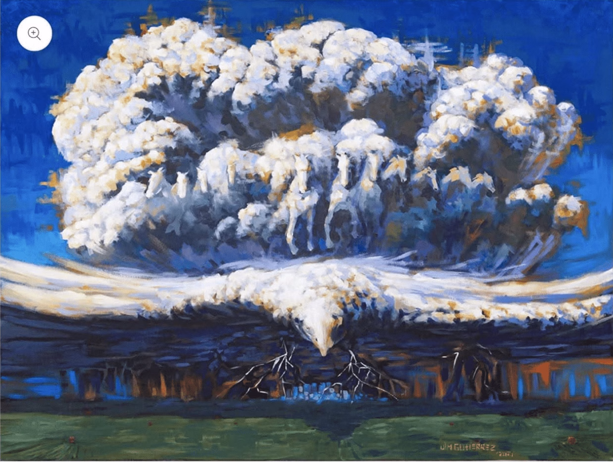 A painting of a massive mushroom cloud explosion against a blue sky, with a dark, damaged landscape below.