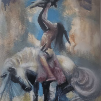 A figure on a white horse holds a bird skull aloft against a cloudy sky.