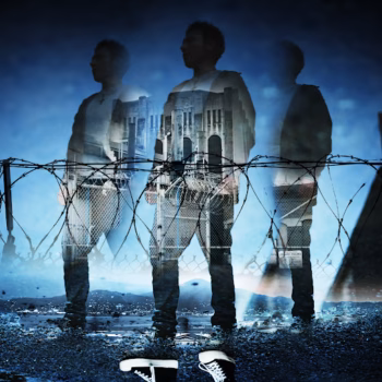 Three silhouettes of a man named Josh2 stand behind a barbed wire fence, with a translucent image of a prison building overlaid on their forms.
