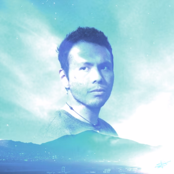 Portrait of Salvador "Josh" against a teal-tinted mountain landscape.