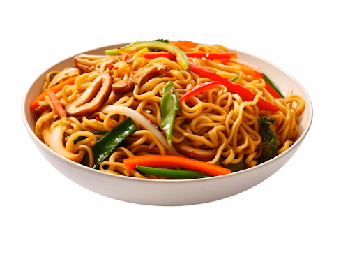 A white bowl filled with Mary's Chicken Chow Mein, featuring noodles, sliced chicken, and colorful vegetables like carrots, green beans, and red peppers.