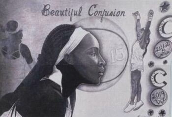 A monochromatic illustration titled "Beautiful Confusion" featuring a profile of a woman with braids and a headband, a silhouette of a gymnast, and a full-body depiction of a gymnast celebrating. Logos for "2012 8 Under" and "2019 W" are visible on the right.