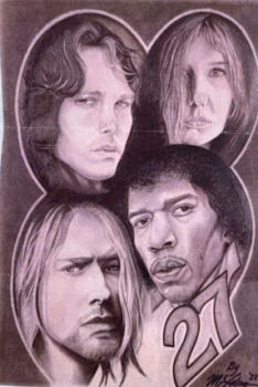 A pencil sketch of four musicians—Maurice, John Lennon, Kurt Cobain, and Eddie Vedder—arranged within a heart-shaped frame, with the number 21 and the artist's signature at the bottom.