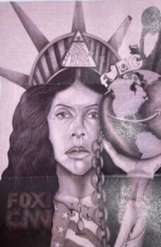 A portrait of a woman with the Statue of Liberty's crown, holding a globe with a chain, and surrounded by logos for Fox News, CNN, and MSNBC.