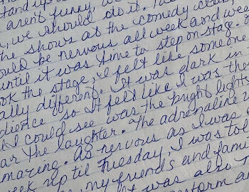 Handwritten blue ink text on white paper detailing personal memories of a comedy show performance.