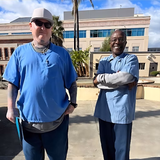 Two men in blue scrubs stand outdoors in front of a large building. The man on the left wears a cap and sunglasses, while the man on the right smiles with his arms crossed.